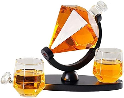 Decantador de uísque de Koaius Diamond Whisky Decanter com 4 óculos e base de madeira, conjunto de presentes de uísque