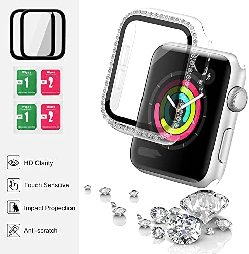 Dolicher 2 Pack Apple Watch Case compatível com a série SE/6/5/4 com protetor de tela de vidro temperado 44 mm, PC Protetive Face Tampa Iwatch Bumper com Bling Crystal Diamond