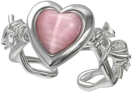 3 anéis de dedos para mulheres espinhos de coração anel rosa opala pêssego jóias de coração aberto design feminino tendência de ponta de ponta aberta