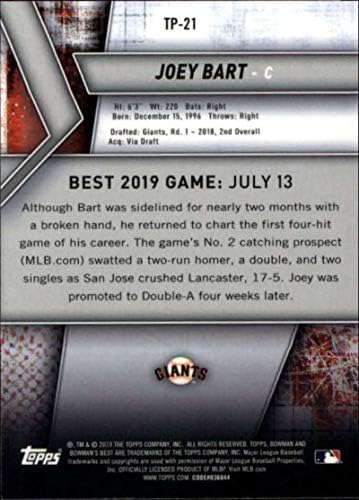 2019 as melhores perspectivas de Bowman TP-21 Joey Bart San Francisco Giants RC ROOKIE MLB Baseball Trading Card