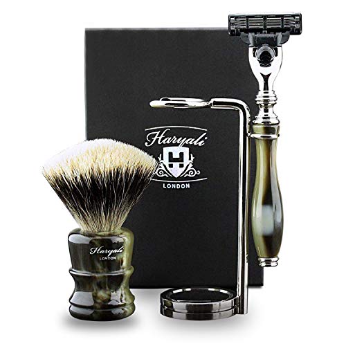 Conjunto de barbear para Men-3 Edge Segurança Razor-Silver Tip Badger Shaving Brush-luxury Razor/Brush Handleles Double Stand