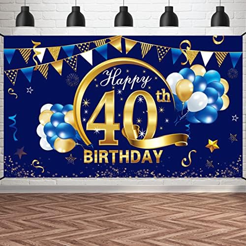 Kauayurk feliz 40º aniversário decorações de banner para homens - ouro azul 40 suprimentos de festa de cenário de quarenta anos decoração