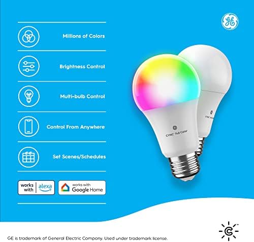 Lâmpadas LED de LED inteligentes da GE Cync, luzes de mudança de cor, luzes Bluetooth e Wi-Fi, compatíveis com Alexa e Google Home, lâmpadas A19, 2 contagem & ge cync Indoor Smart Plug