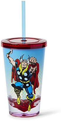 Apenas Funky Marvel Thor Deus of Thunder Plástico Reutilizável Copa da Copa e Palha | Copa do copo de isolamento duplo