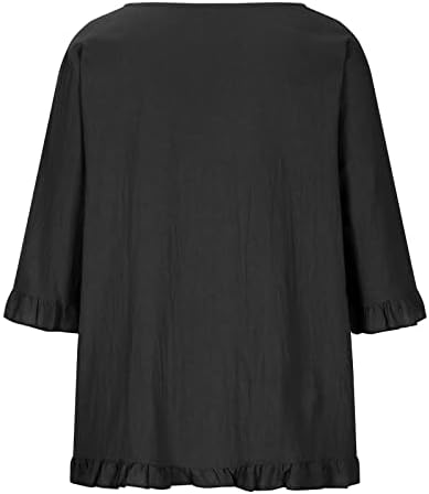 Tops de linho de algodão feminino Summer 3/4 de manga vintage Tees de túnica de cor sólida Moda Blusa de camisa casual de pêlo de tripulação