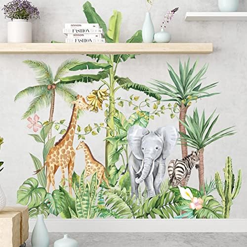 Plantas verdes tropicais de parede Decalques de parede de árvore de árvore de elefante girafa zebra adesivos de parede, crianças