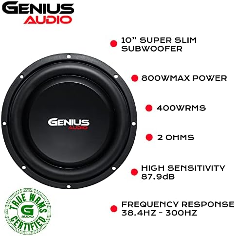 Genius Audio N1 -SL10D2 10 Watts RMS - 800 Watts Max Pro Audio Audio Subwoofer Speaker Aço de aço Cesto de áudio do carro Slim Ferrite Magnet 2 ohm de papel reforçado Cone reforçado