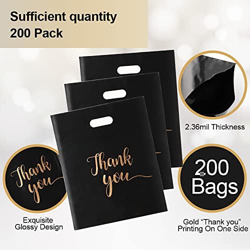FVSEC 200pcs Obrigado sacos de mercadorias por pequenas empresas, bolsas de compras de boutique preta de 2,36 mil 2,36, 12 '' x 15 ''