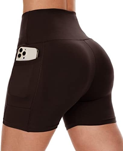 Shorts de motociclista de acampamentos com bolsos-5 Alta cintura Spandex Spandex Control Gym Ginidicultura que executa shorts