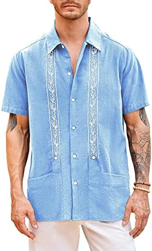 Masculino cubano guayabera camisas de linho de algodão camisa de manga curta casual button button button pocket shirt