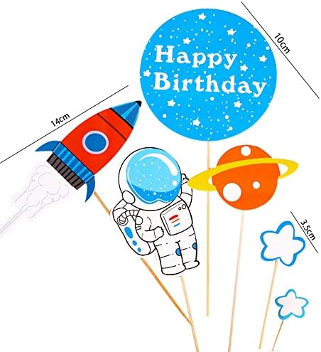 Gotgala Space Feliz Aniversário Bolo Topper Rocket Ship Planet Cupcake Topper Galaxy Astronaut to the Moon Man Robot Cake Decoration
