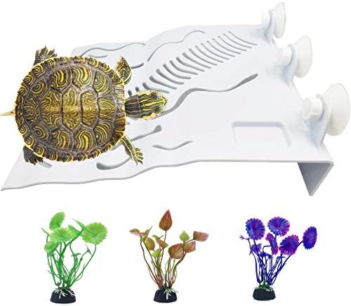 Alfyng Turtle Basking Platform com 3 PCs Plantas aquáticas artificiais, escada de rampa de tartaruga de répte