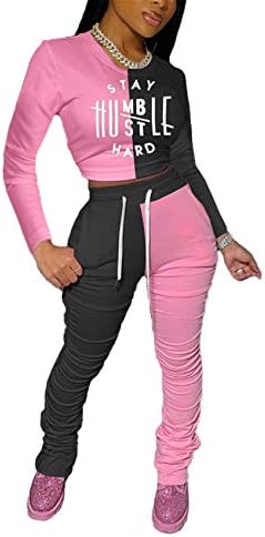 Camisa superior de manga curta feminina e cordão de traço de tração de calças empilhadas conjunto de jogger de 2 peças