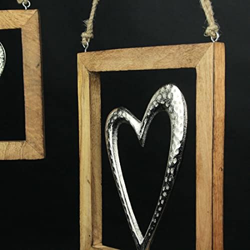 Conjunto de 3 manchas de parede de coração de trabalho emoldurado em madeira com cabides com cabos de corda