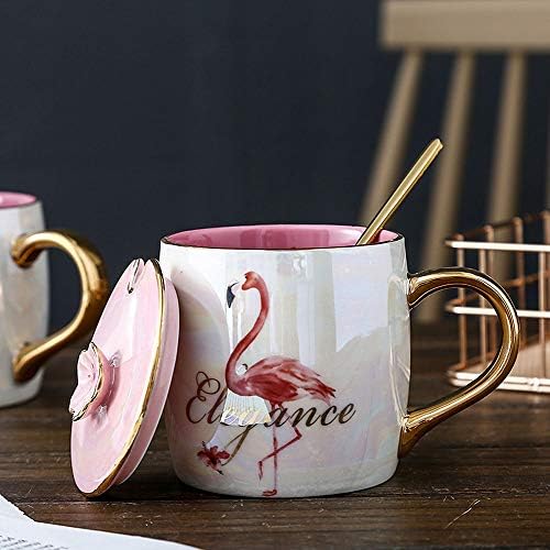 Vanenjoy 13,5 oz de aro de ouro rosa flamingos caneca cerâmica porcelana café leite xícaras de chá com colher de