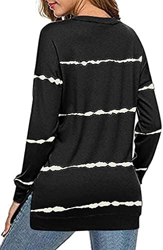 Smeng Womens Sweatshirt Casual Crewneck listrado de manga longa lateral lateral split tops