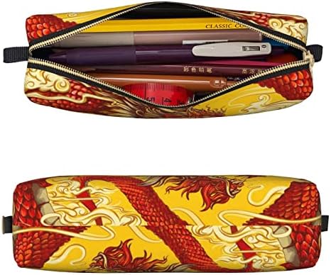 Bolsa de lápis de couro de dragão chinês vermelho com zíper para mulheres maquiagem portátil durável adequado para o trabalho escolar e o escritório 8,3 x 2,2 em