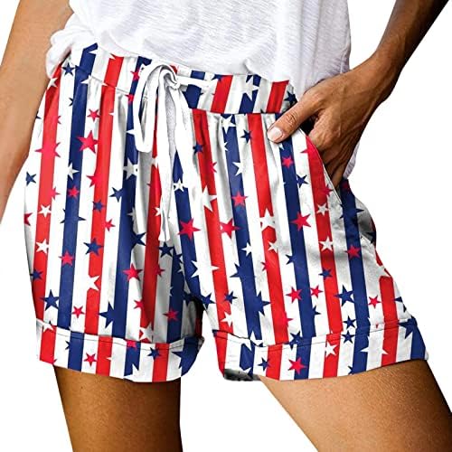 Ruiruilico feminino shorts casuais de verão 4 de julho American Flag American Baggy String Elastic Flowy Beach Shorts com bolsos