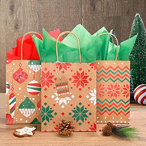 Colorbib 32pcs Christmas Kraft Gifts Bags com papel de seda, bolsas de Natal clássicas sacos de presente de férias em massa