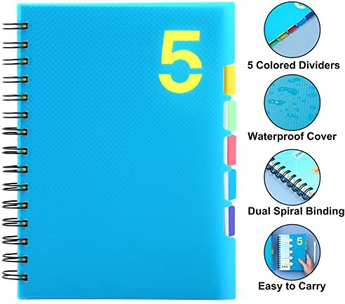 CAGIE SPIRAL Notebook 5x7 com divisores 5 Caderno de disciplinas com guias Wide Deconned capa dura A5 Spiral Lado