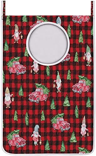 Retro Plaid Dwarf Christmas Tree Holding Laundry Horting Saco, sobre a porta Saco de Laundry Turmper Bolsa Durável Durável Saco de Armazenamento pendurado Caso de Roupas Sujas com Zíperes Inferior para Banheiro Domens