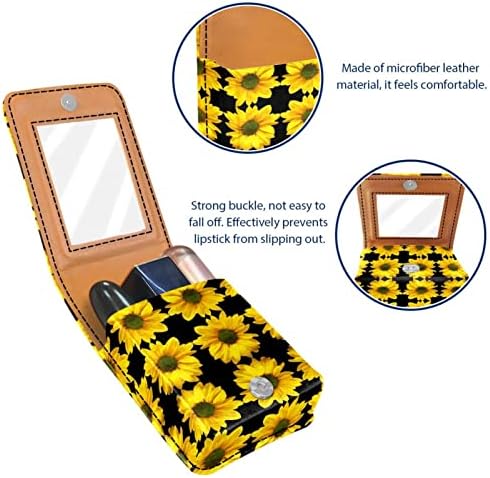 Lipstick Case Little Yellow Gunflower Padrão floral Mini Bolsa organizadora de lipstick preto com espelho para bolsa de cosméticos