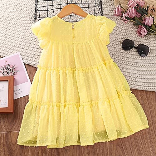 AGQT Toddler Girls Ruffle vestido de manga curta Flors Girls Swiss Dots Flowy Pleated Dress Tamanho 1-6t