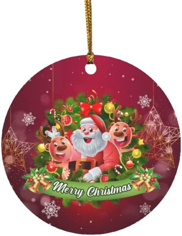 Papai Noel e renas de cerâmica redondo ornamentos, decorações de Natal com feliz Papai Noel e renas fofas bola de árvore
