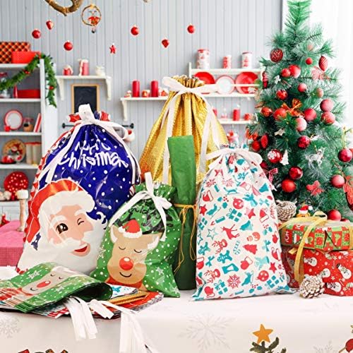 Bolsas de presente de cordão de Natal AMOSFUN 30PCS Sacos de embrulho de presentes de Natal variados para brindes atualizados de brindes