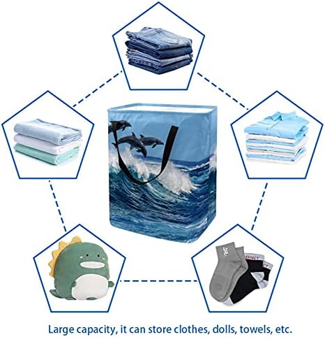 Djrow cestos para a roupa três belos golfinhos pulando sobre ondas quebrando o cesto de lavanderia lida