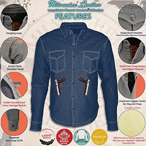 Milwaukee Leather MPM1621 Camisa de flanela cinza masculina com armadura aprovada por CE - reforçada com fibras aramid