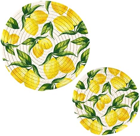 Alaza amarelo limão e folhas em caçadores brancos Trivets Conjunto de algodão Hot Pot Pote Definir montanhas -russas, almofadas quentes, tapetes quentes para contador de cozinha decorativo