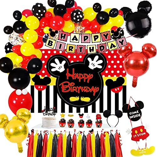 Mickey Birthday Party Supplies, Decorações com temas do Mickey incluem cenário, Balloons Garland Arch, Welcome Hanger,