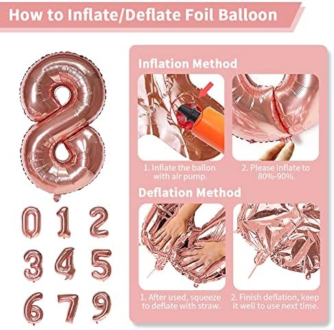 DBMOON 40 Gold rosa Número 8 Balão para decorações de festa de 8º aniversário, Balões de papel alumínio de hélio grandes infladores 0-9 para balões de idade/aniversário/celebração decorações de balões