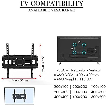 Parede de TV de aço inoxidável High Stand para a maioria das TVs curvas planas de 32 a 60 polegadas, parede de TV com suporte de até 35 kg de altura de inclinação ajustável, max vesa 400x400mm