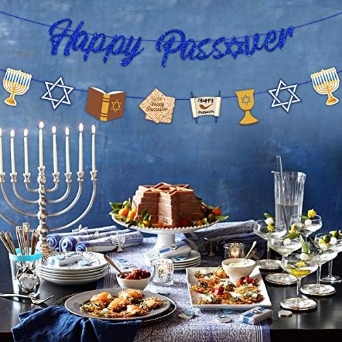 JoyMemo Happy Passover Banner Glitter Páscoa Decorações da festa - Bunting Garland com 8 recortes de Pesach para Seder Páscoa,