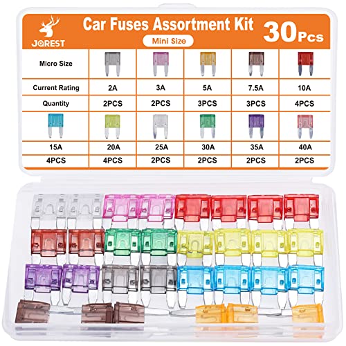 Jorest 30pcs Mini Car Fusível Kit - Mini Blade Fuses Automotive - Kit de variedade de fusíveis de substituição para