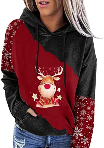 Xinshide Hoodies de Natal para mulheres Pullover de impressão de rena fofa Xmas colorblock de manga comprida com capuz com