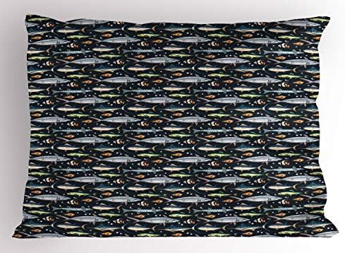 Ambesonne Náutico Fluxo, padrão de vários tipos de peixes e bolhas nas vibrações marinhas do oceano, travesseiro impresso em tamanho padrão decorativo, 26 x 20, multicolor