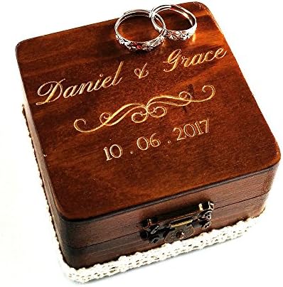Aparar caixa de anel de anel de madeira personalizada de madeira, caixa de anel de noivado de anel rústico, caixa de anel gravada