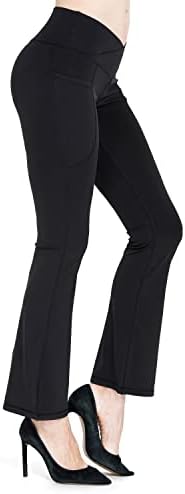 Calças de ioga crossover queimadas femininas com bolsos, perneiras largas de cintura alta perna larga para mulheres vestir calças