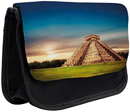 Caixa de lápis de viagens de Ambesonne, pirâmide Kukulkan Yucatan, bolsa de lápis de caneta com zíper duplo, 8,5 x 5,5, noturno