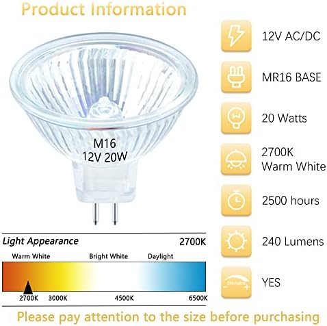 Sevici MR16 Bulbo de halogênio 36 ° ângulo de feixe GU5.3 Base de lixeira Base 20W 12V Halogen Long Life 2700k Branca branca quente MR16 Bulbo com tampa de vidro transparente 6 Pacote para paisagem, pista, fibra óptica, lâmpada de mesa