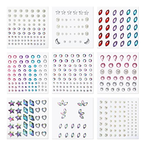 Kinbom 9 lençóis enfrentam adesivos de gemas, strass autoadesivos para maquiagem Diamantes de face Face Jewels Stick Sticks Stickers