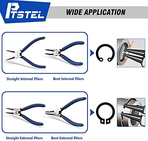 Ptstel 4 peças de 4 polegadas de alicates de anel interno/externo Defina o kit Circlip Pliers com mandíbula reta/dobrada para removedor de anel retendo com bolsa de armazenamento portátil