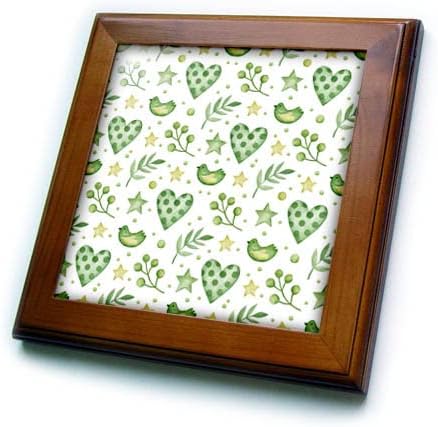 3drose Green Polka Dot Hearts, Stars and Birds Pattern - ladrilhos emoldurados