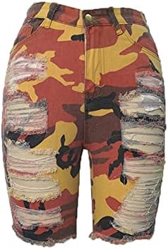 Jeke-DG Shorts de camuflagem femininos angustiados com cintura alta Bermuda Bermuda Shorts jeans de camuflagem na altura do joelho