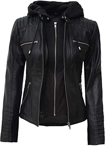 Jaqueta de couro feminina de FJackets - Lambksin Bomber Leather Menas com capuz removível