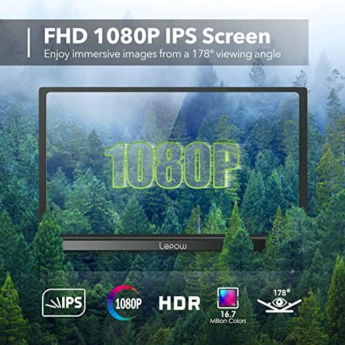 Lepow Monitor portátil de 15,6 polegadas HD Full 1080p USB Tipo-C Visor de computador IPS IPS EYE CARE Screen Com alto
