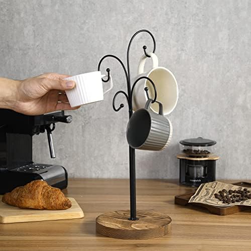 Mygift Black Metal Coffee Porta de caneca para balcão, suporte de árvore de caneca com 4 braços de gancho curvo